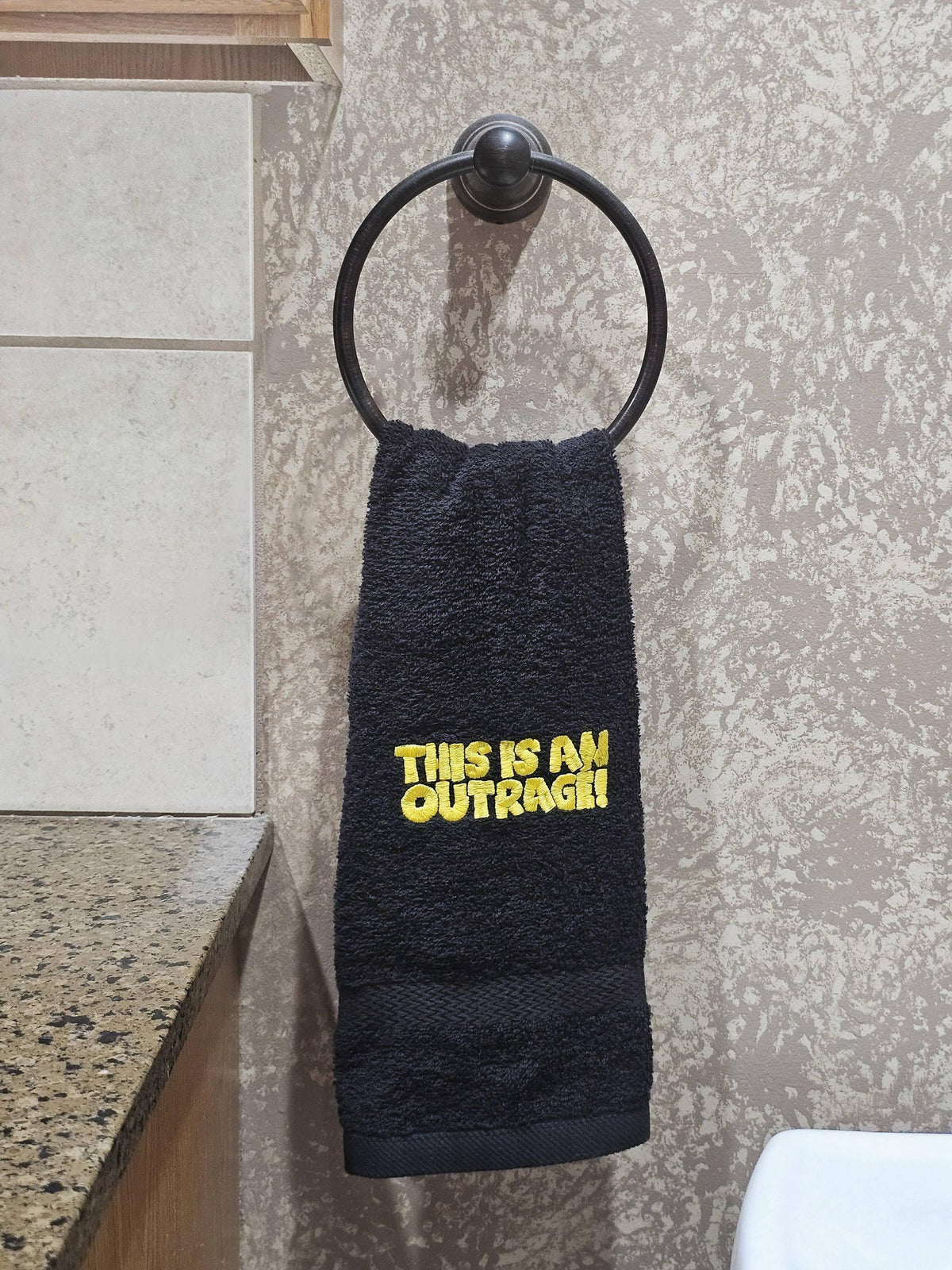 Handcrafted Dungeon Crawler Carl THIS IS an OUTRAGE Terrycloth Hand Towel: Geeky Kitchen Decor