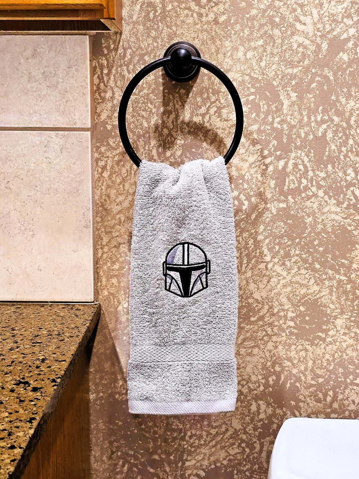 Handcrafted Star Wars Din Djarin Terrycloth Hand Towel: Geeky Kitchen Decor
